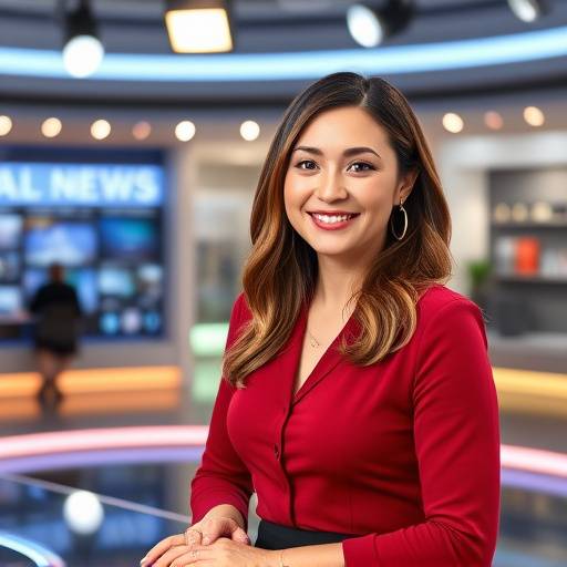 Imagen del estudio de noticias con la presentadora sonriendo a la cámara