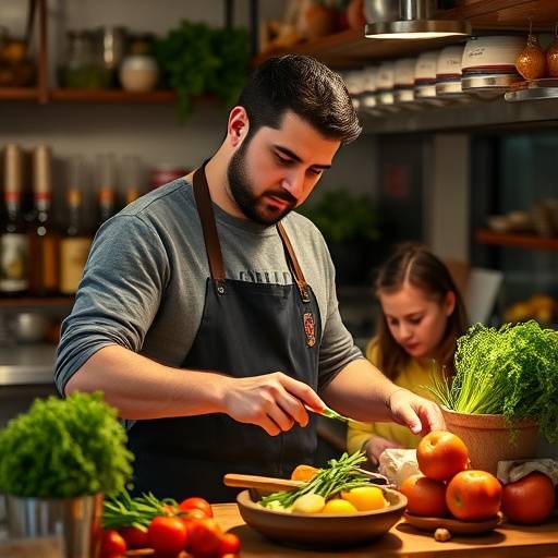 Javier Ruiz cocinando en 'Sabores de España' con ingredientes frescos.